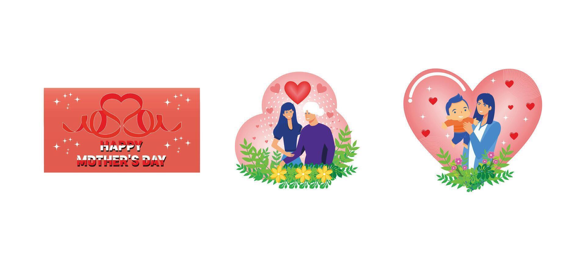 Happy mothers day realistic background with pink heart shaped ribbon. Mother's Day. Happy Young Mother playing with the baby. Set flat modern illustration vector