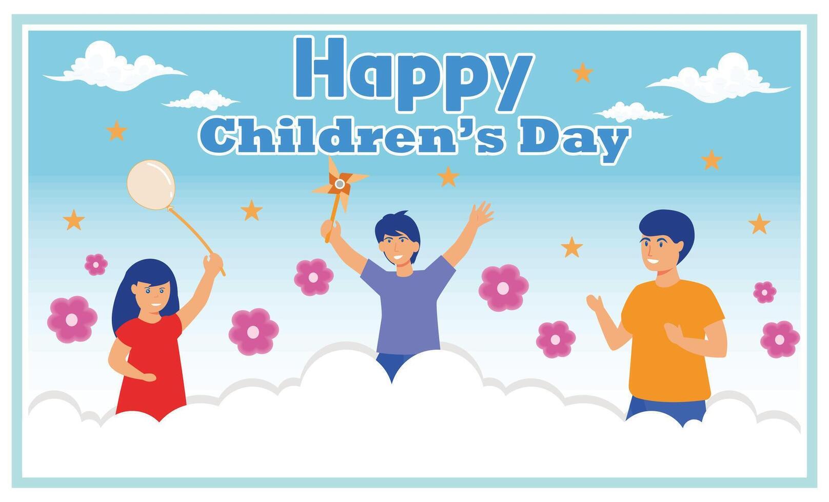 World Children's Day horizontal banner with happy children on clouds. flat modern illustration vector
