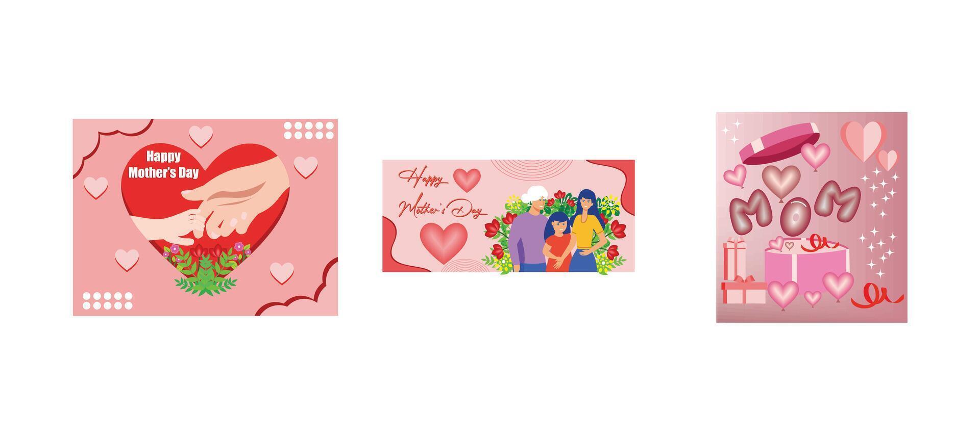 Happy Mother's Day greeting card. Three generations together celebrating happy mother's day by holding hands. Happy mother's day background with gift boxes. Set flat modern illustrations vector