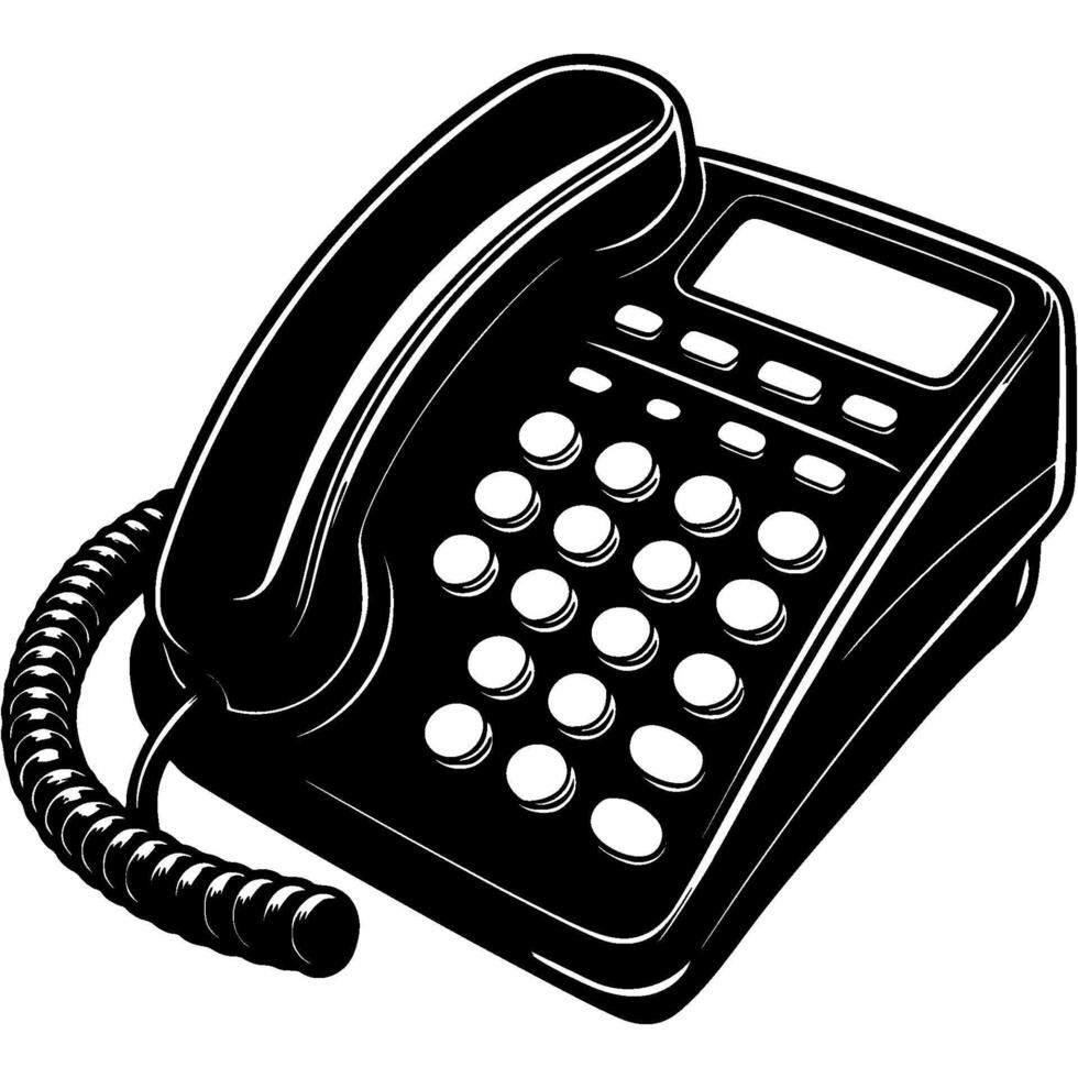 Push button telephone for call center hotline operation in monochrome. Simple minimalistic in black ink drawing on white background vector
