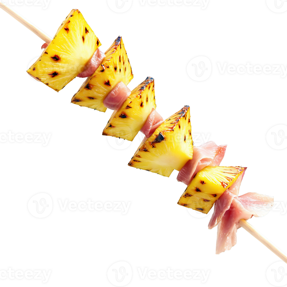 Grilled pineapple and ham skewers with a brown sugar glaze and scallions on clear skewers png