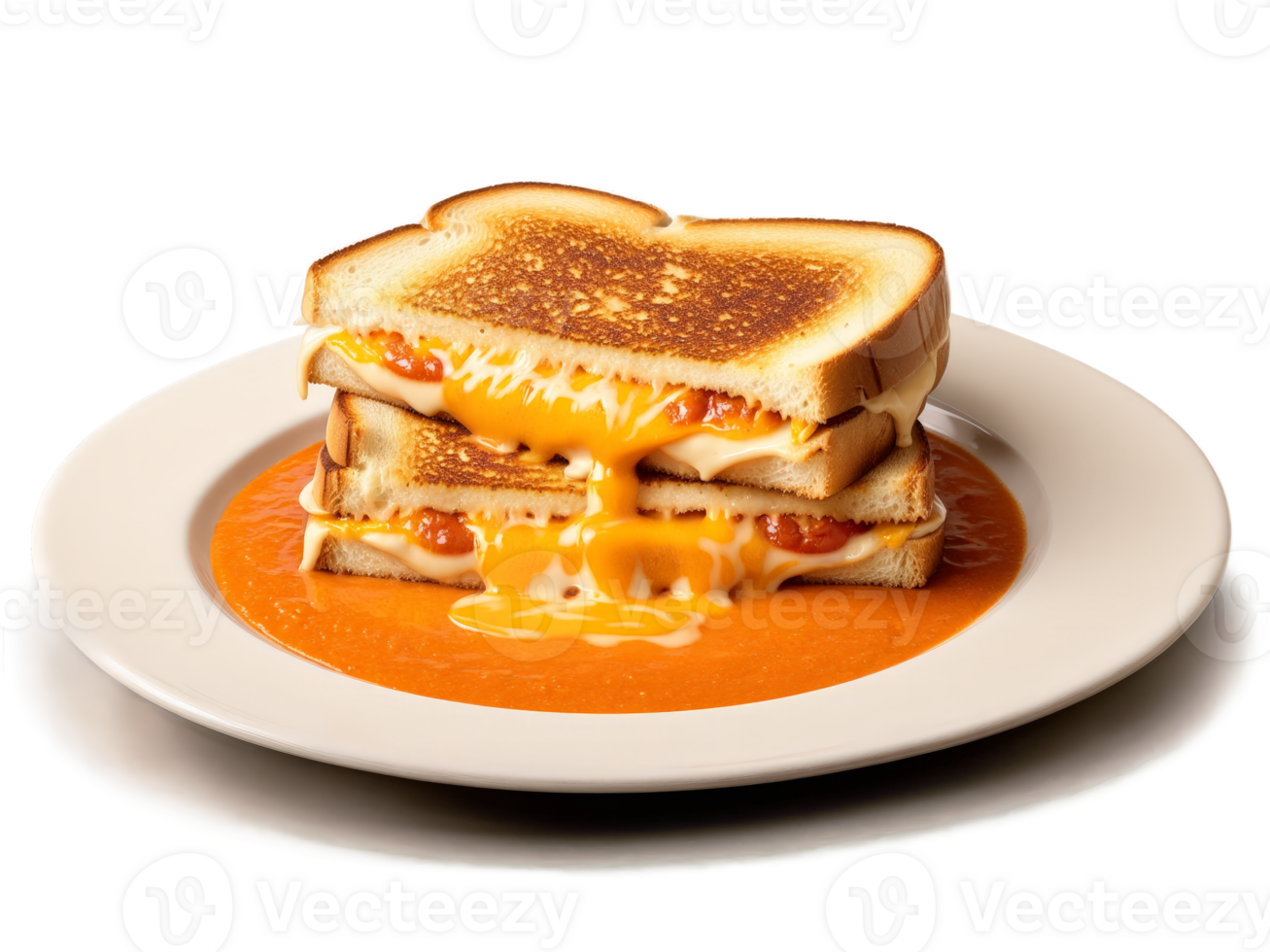 Grilled Cheese gooey grilled cheese sandwich served with side of tomato soup against warm beige png
