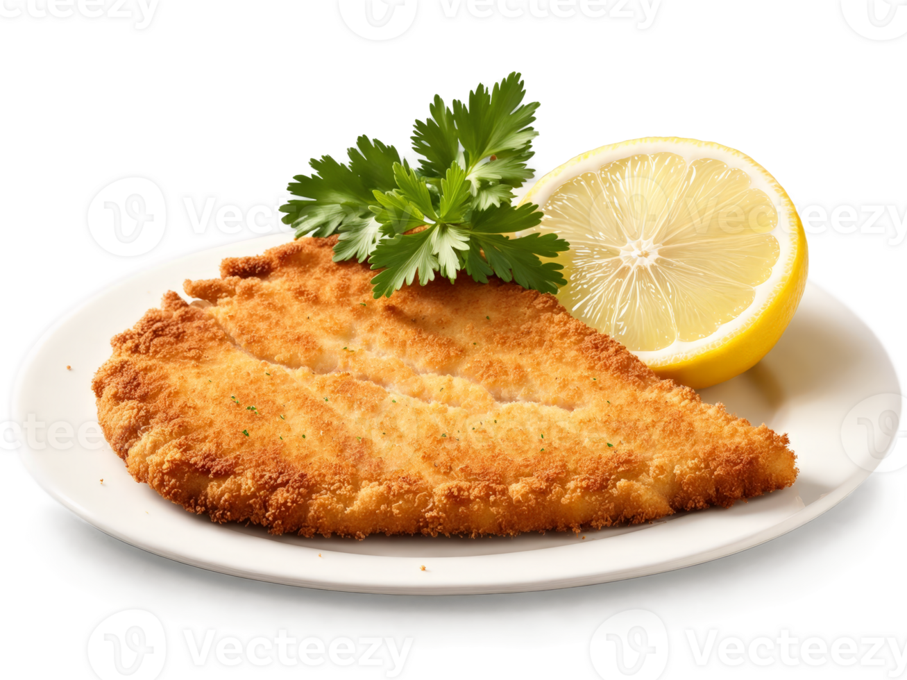 Wiener Schnitzel crispy golden breaded veal cutlet served with fresh lemon wedge and sprig png
