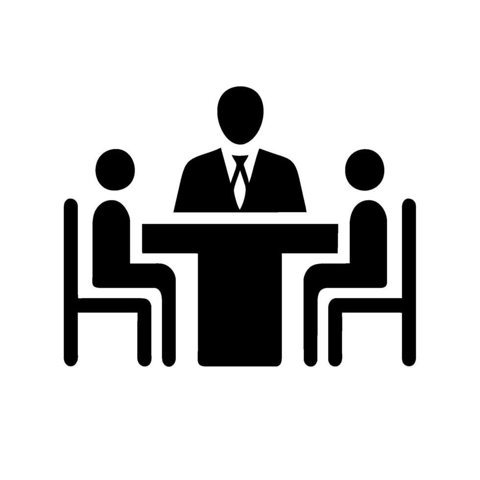 A black and white image of a meeting table with two people sitting at it vector