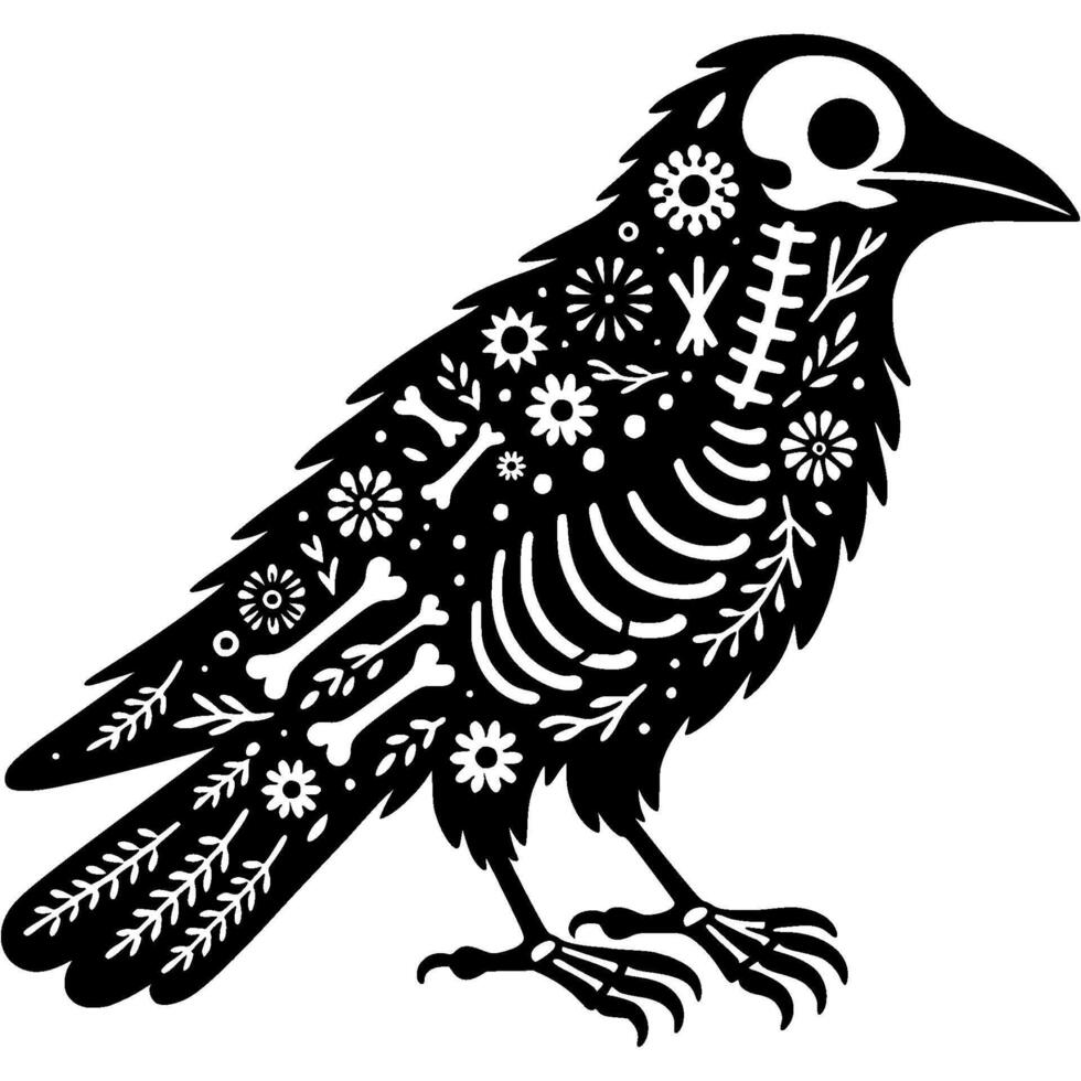 Silhouette of crow skeleton is decorated with Mexican floral patterns and in monochrome. Simple minimalistic in black ink drawing on white background vector