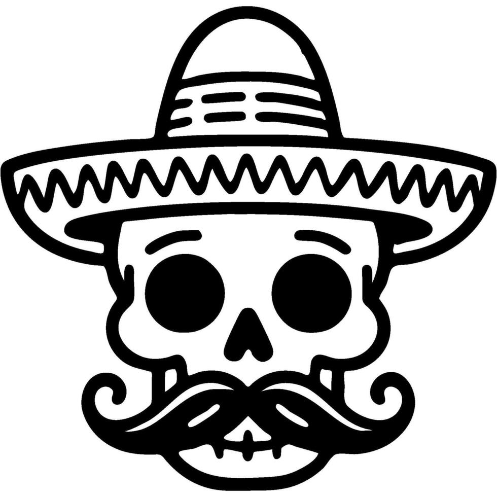 Skull of Mexican with a thick moustache and a sombrero on his head in monochrome. Simple minimalistic in black ink drawing on white background vector