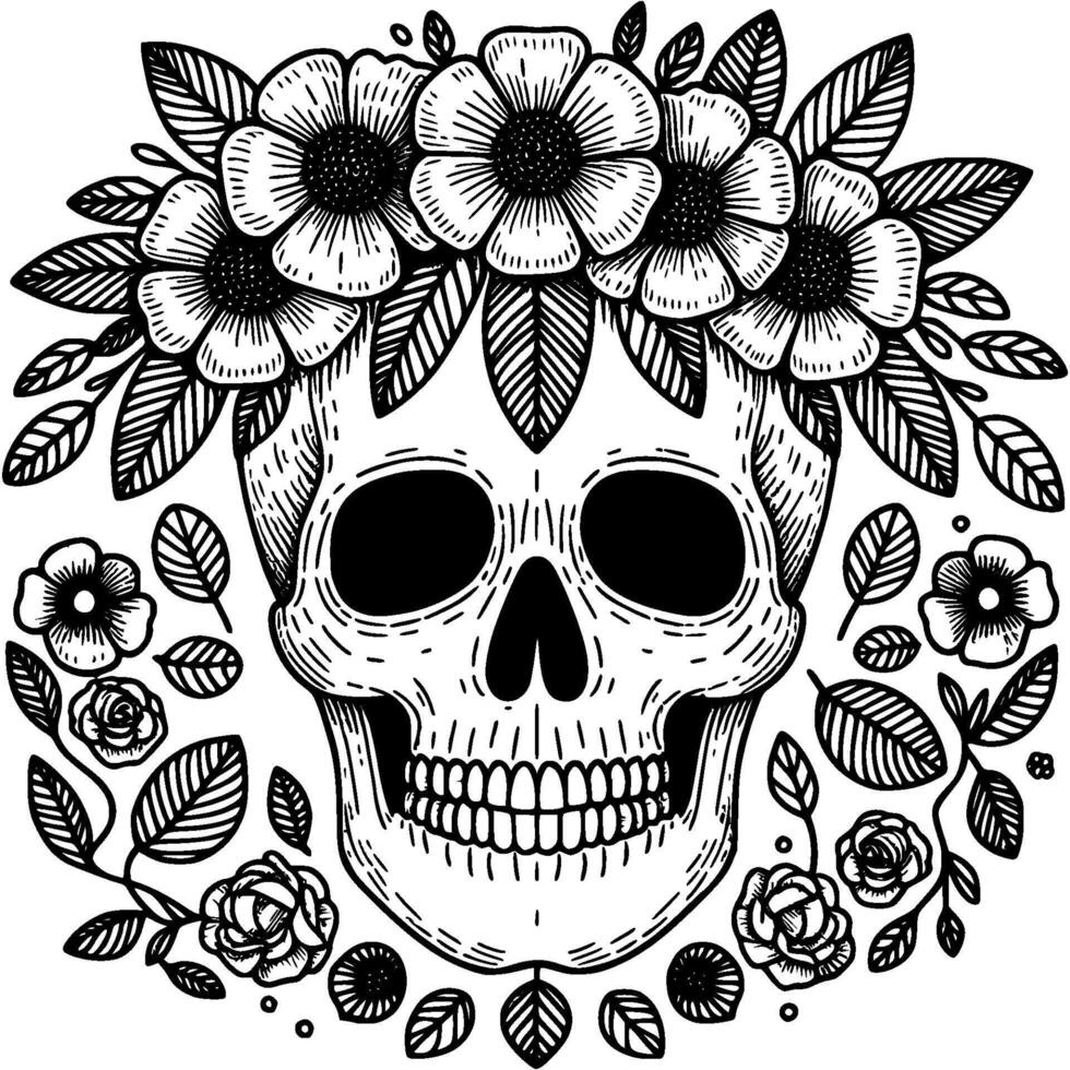 Human skull decorated with a floral wreath in monochrome. Simple minimalistic in black ink drawing on white background vector