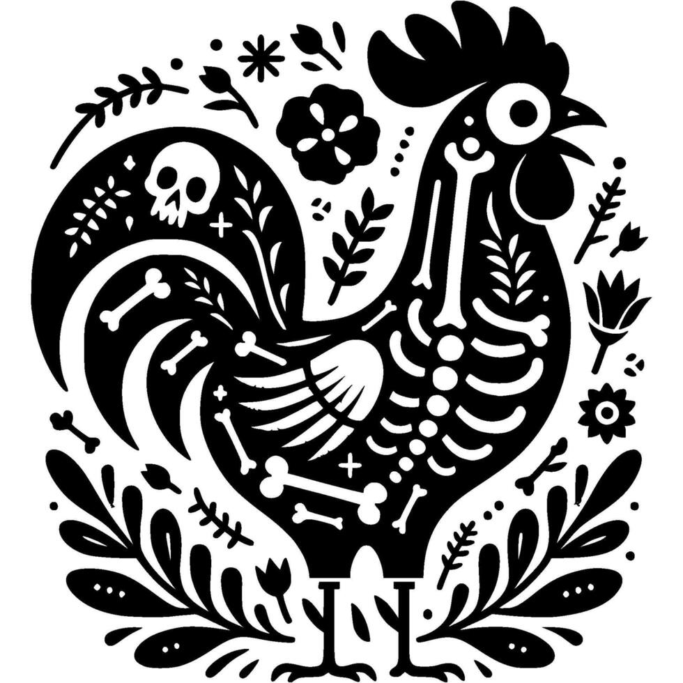 Silhouette of rooster skeleton is decorated with Mexican floral patterns and in monochrome. Simple minimalistic in black ink drawing on white background vector