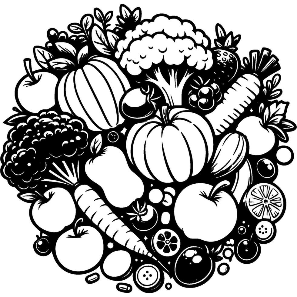 Pile of vegetables and fruits top view in monochrome. Simple minimalistic in black ink drawing on white background vector