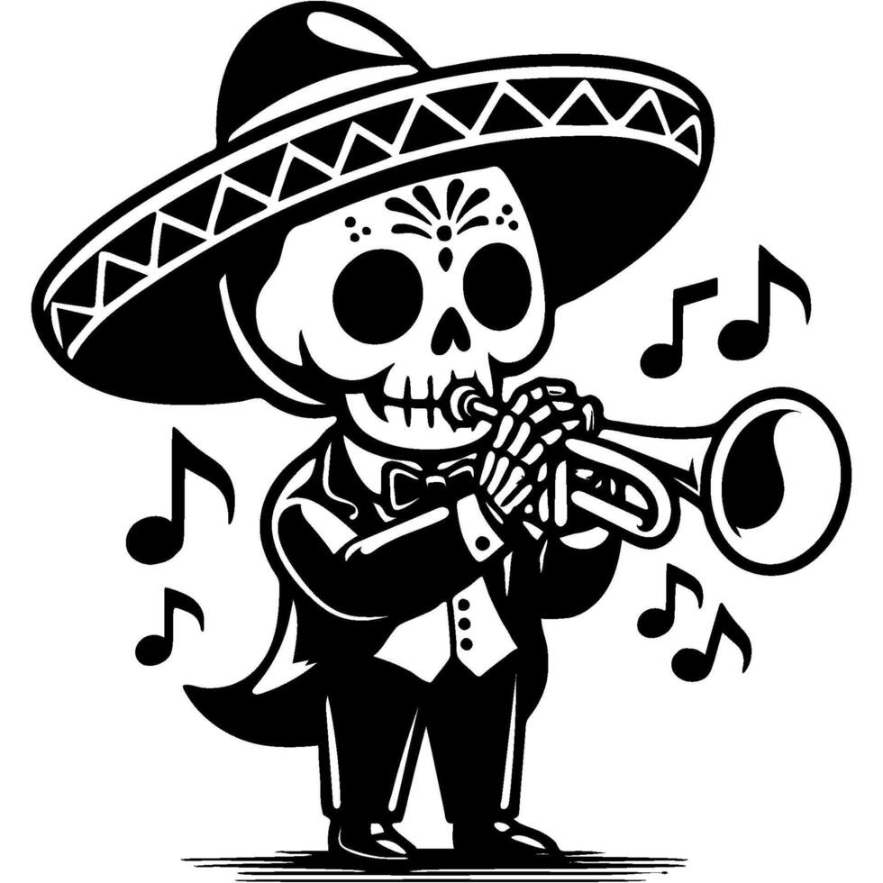 Street musician dressed in a skeleton costume and a Mexican sombrero hat plays the trombone in monochrome. Simple minimalistic in black ink drawing on white background vector