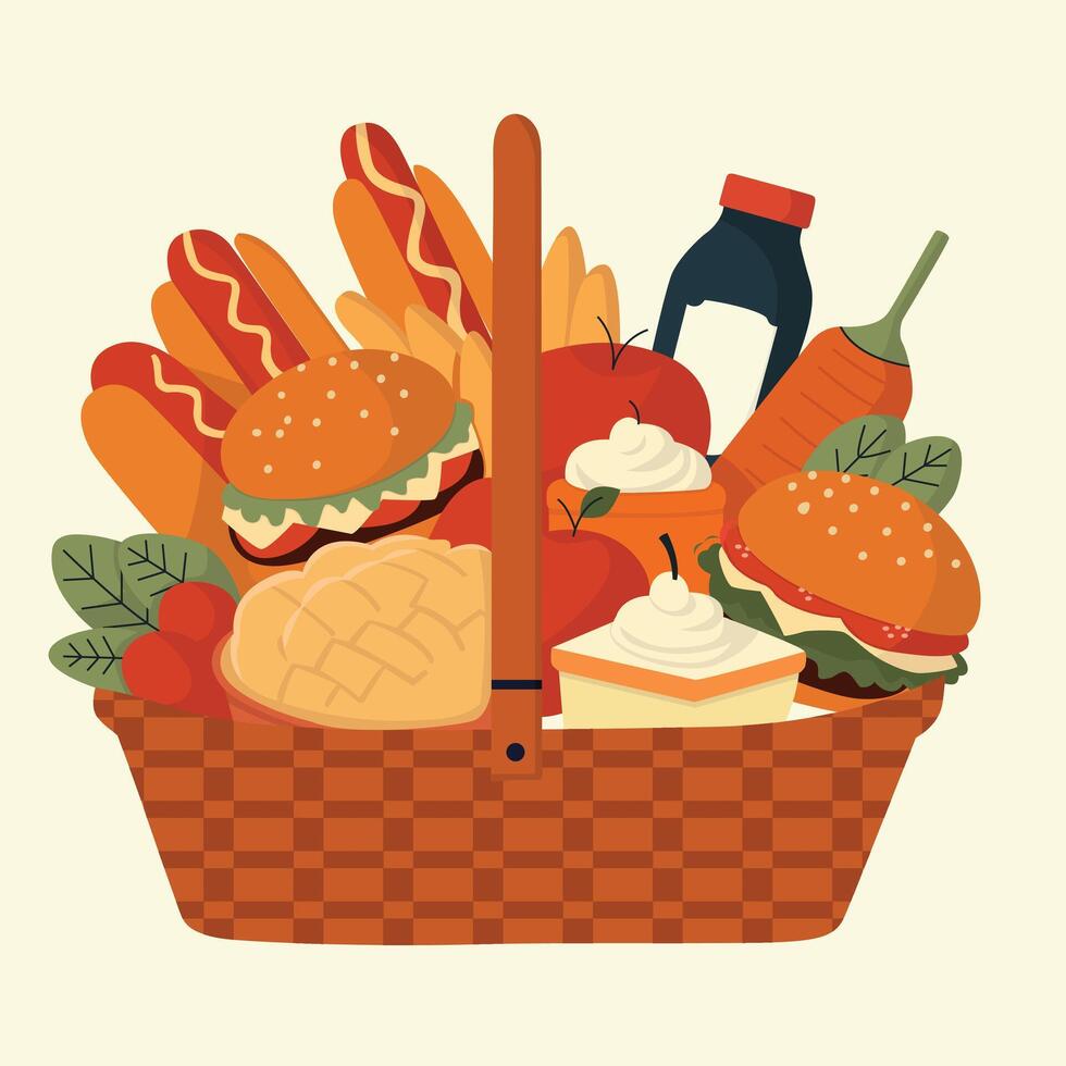 Delicious Hearty Picnic Basket Feast vector