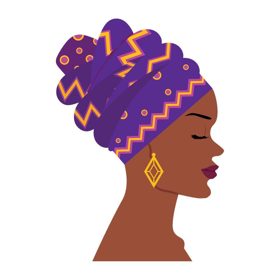 African woman profile illustration in turban with earrings vector