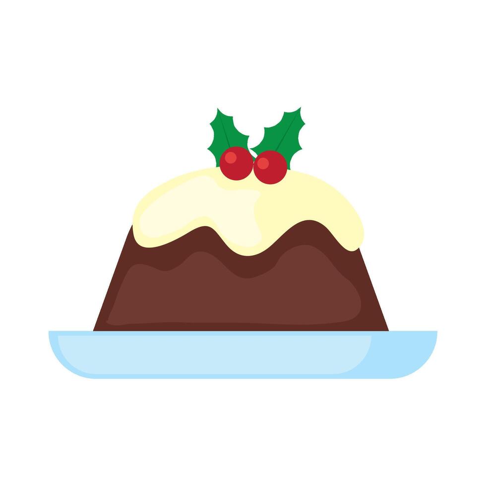 Christmas pudding with holly berries and cream on a plate vector