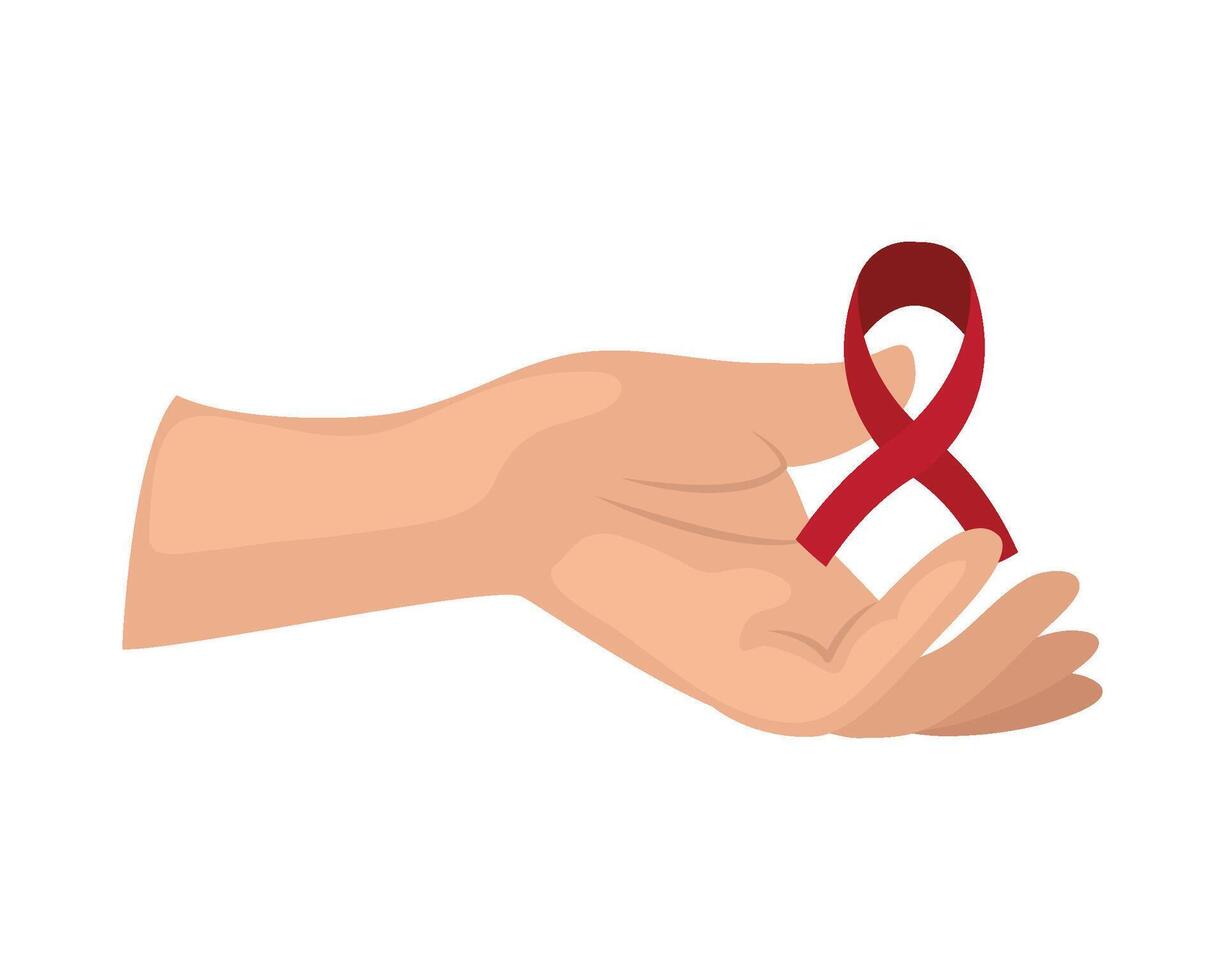 A hand holding a red ribbon in the shape of a heart vector
