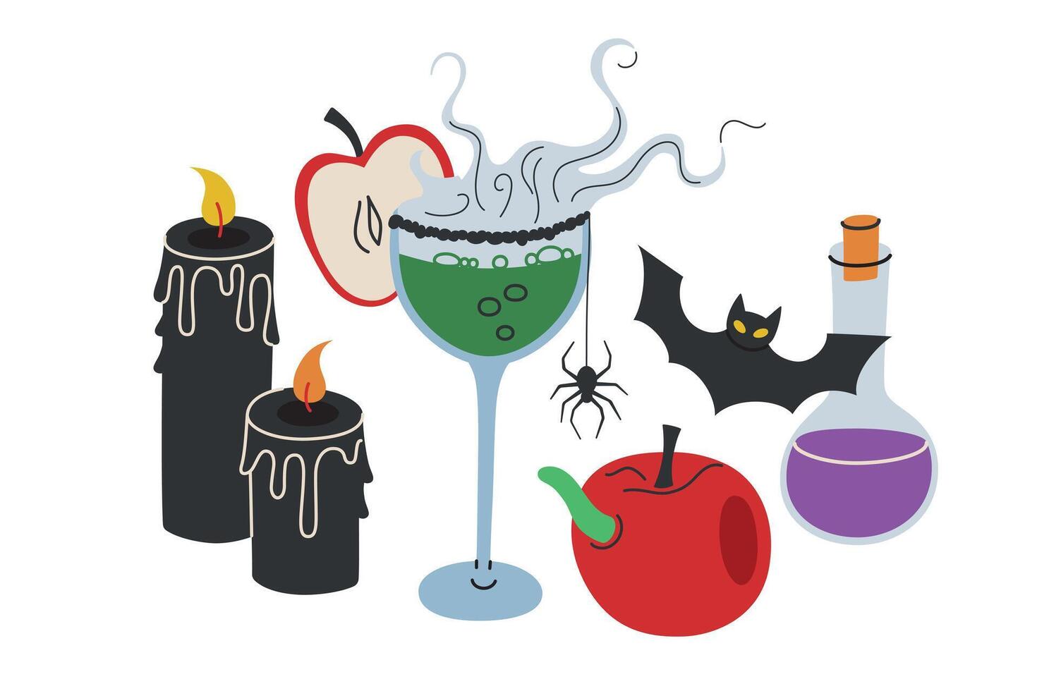 Spooky Halloween illustration with cocktail drink, witch potion brewing in glass, surrounded by eerie elements, black candles with spider, and poisonous apple. Composition for Halloween theme vector