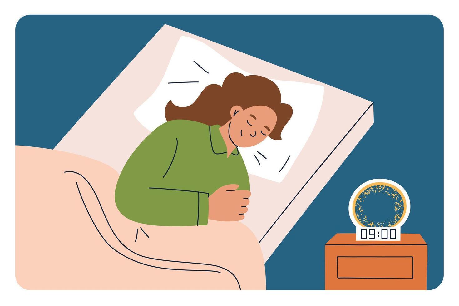 illustration of a woman peacefully sleeping in bed with an alarm clock on the nightstand. Cozy and comfortable scene with a pillow and blanket. Bedtime habits composition, relaxation, wellness vector