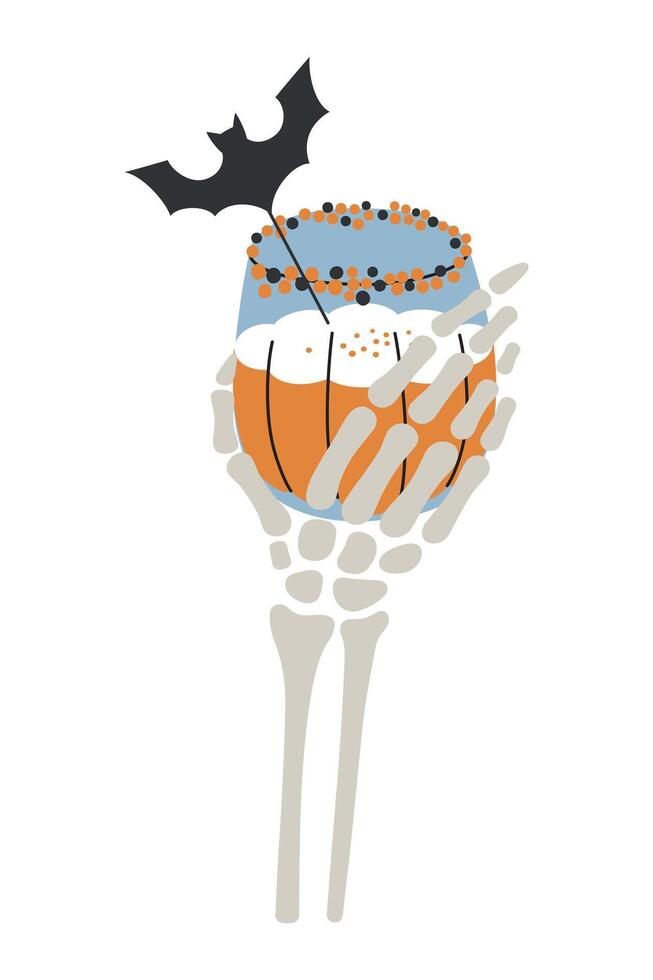 illustration of skeleton hand holding Halloween cocktail decorated with bat, pumpkin patch beverage. Spooky glass with punch for gothic celebrations and parties. Alcohol drink or mocktail vector