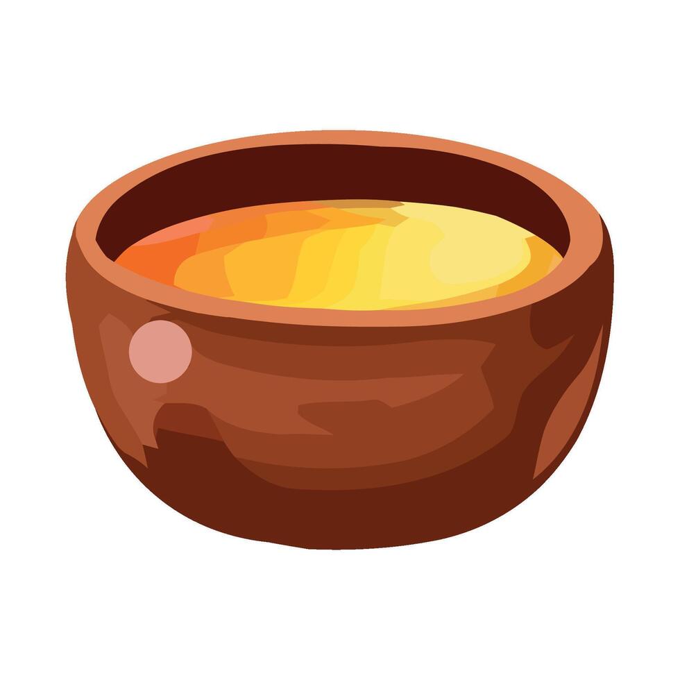A brown bowl with yellow liquid in it vector