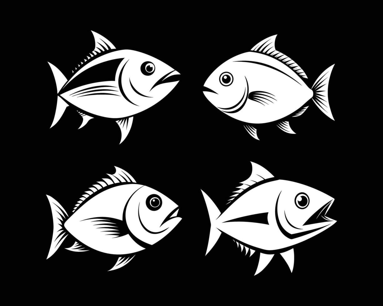 Set of black White fish silhouettes. ai vector