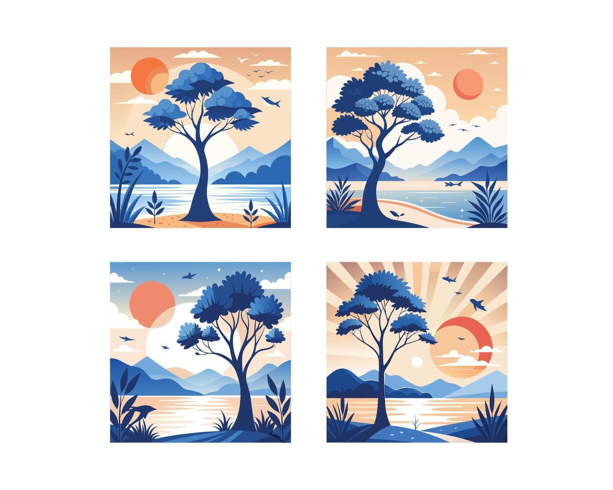 tree sun seabeach fish art work flat design. ai vector