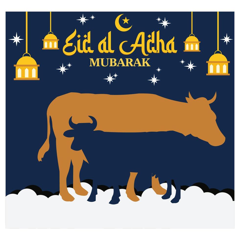 Happy Eid Al Adha Mubarak celebration banner with moon goat and cow paper cut effect on blue night background. flat modern illustration vector