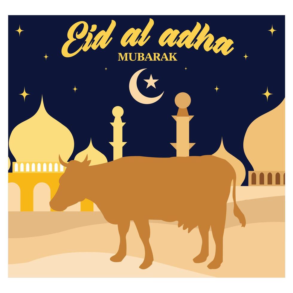 Eid Al Adha festival. Greeting card with sacrificial sheep and crescent on cloudy night background. flat modern illustration vector