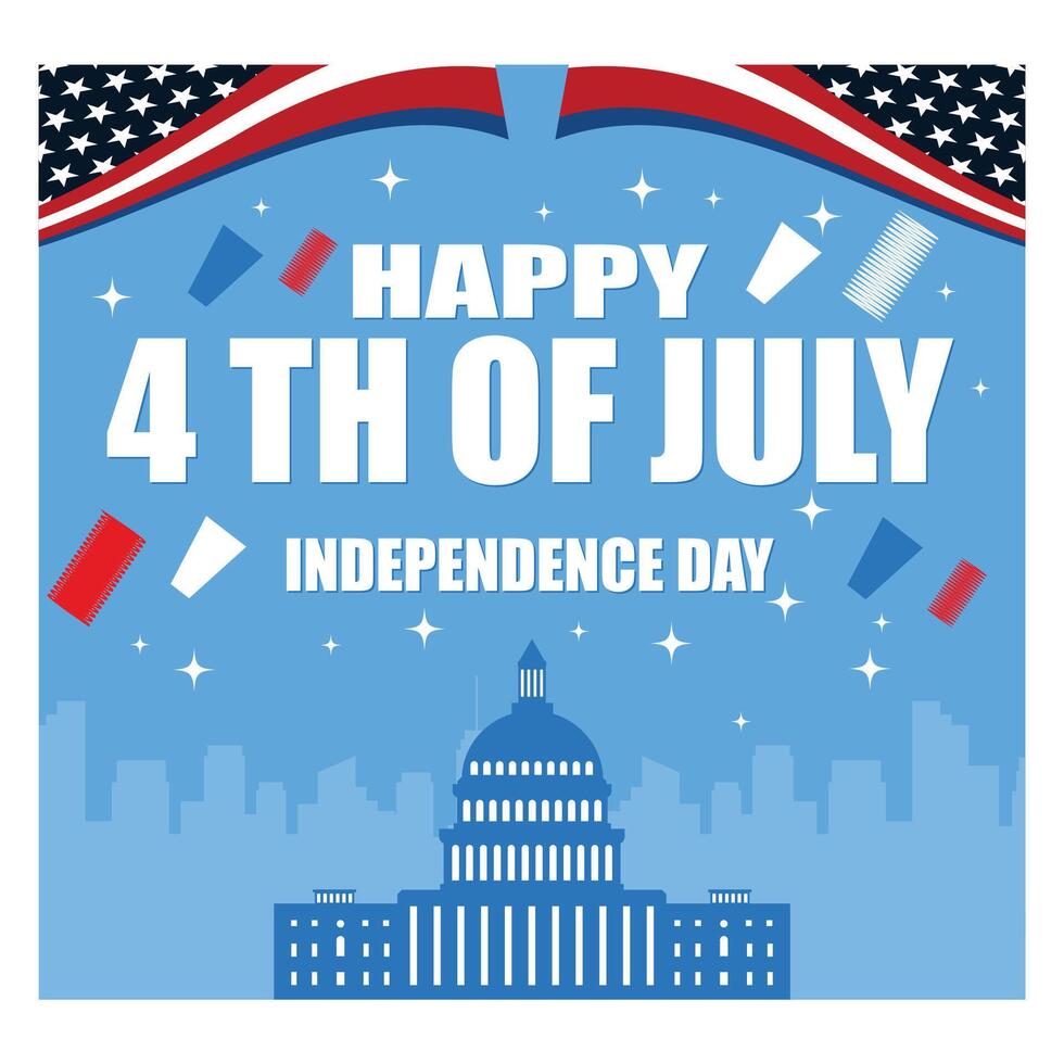 Happy 4th of July independence day USA banner template with firework and USA cityscape on a navy blue background. flat modern illustration vector