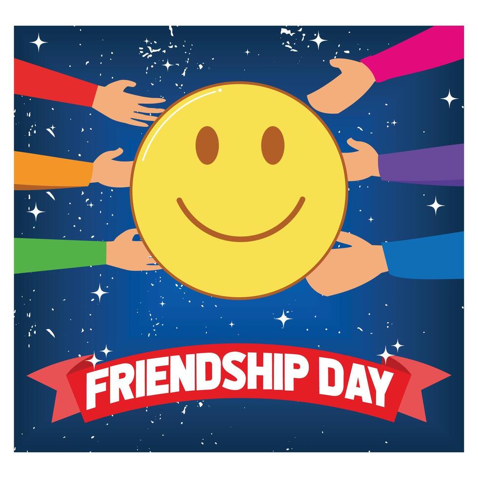 Happy international friendship day. Top view of friend's hand. Palms facing up. Smilies are painted on the palms. flat modern illustration vector