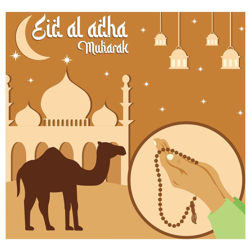 Eid al adha ramadan design with hand praying, mosque, lantern and camel. Flat modern illustration vector