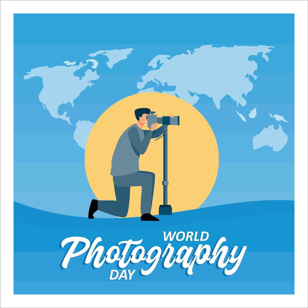 World Photography Day with World Map Background, photographer taking photo. flat modern illustration vector