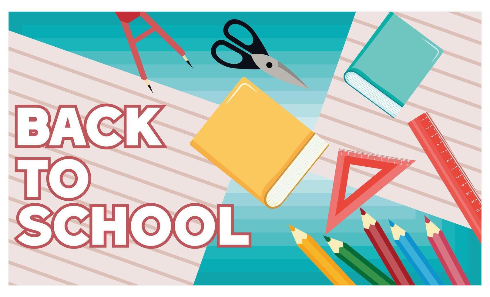 Well organized image of bright stationery, pencil case, pens, sketchbook, scissors, on soft blue background. flat modern illustration vector