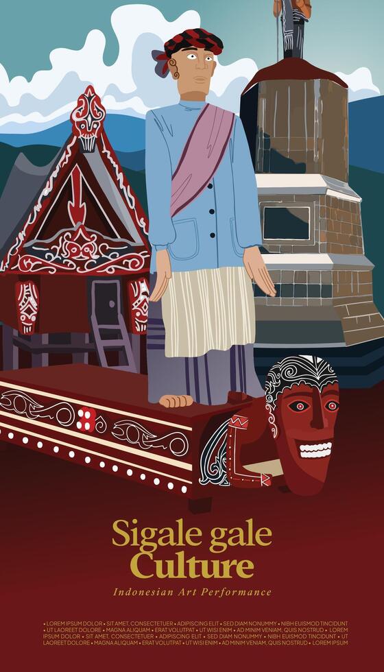 Sigale gale Wooden Puppet Flat design layout idea for tourism event Indonesian culture vector