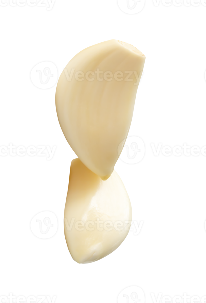 Side view of white peeled garlic clove in stack isolated with clipping path in file format png