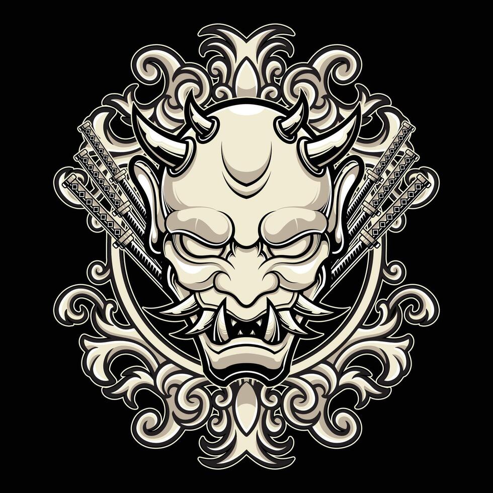 Hannya Oni Mask Illustration With Detailed Illustration Ornament Frame Background vector
