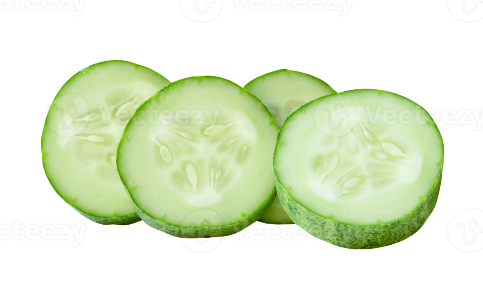 Front view of fresh green cucumber slices or pieces in stack isolated with clipping path in file format png