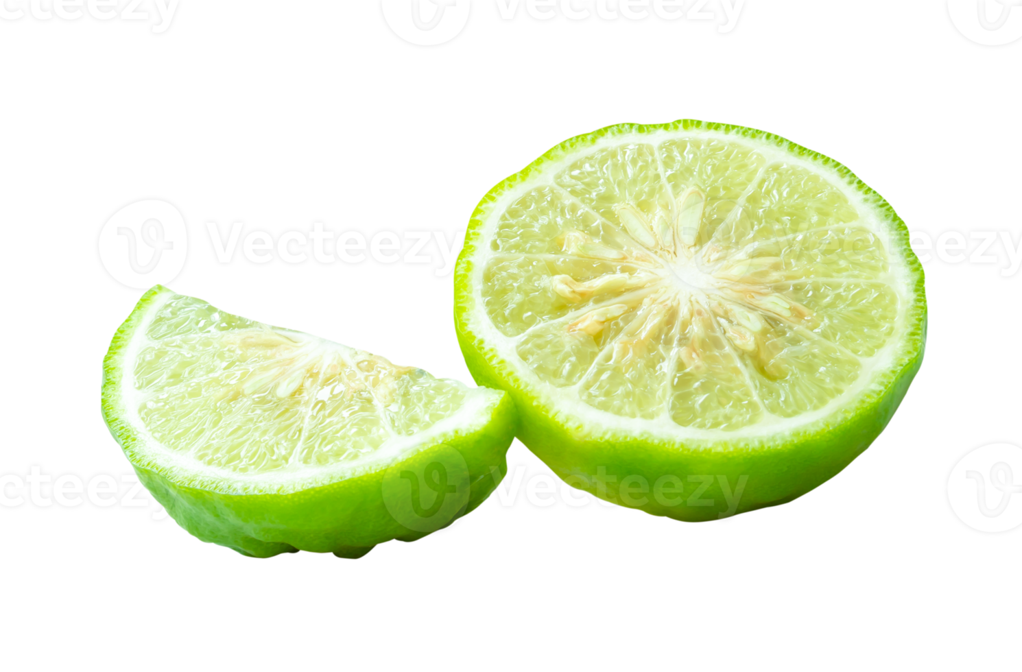 Fresh green kaffir lime fruit or bergamot in half and slice or piece isolated with clipping path in file format png