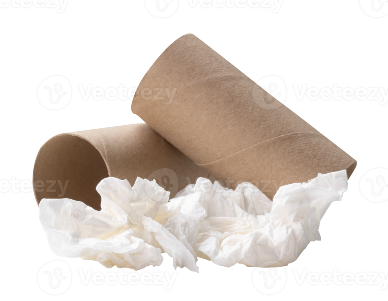 White screwed or crumpled tissue paper ball after use with cores in stack isolated with clipping path in file format png