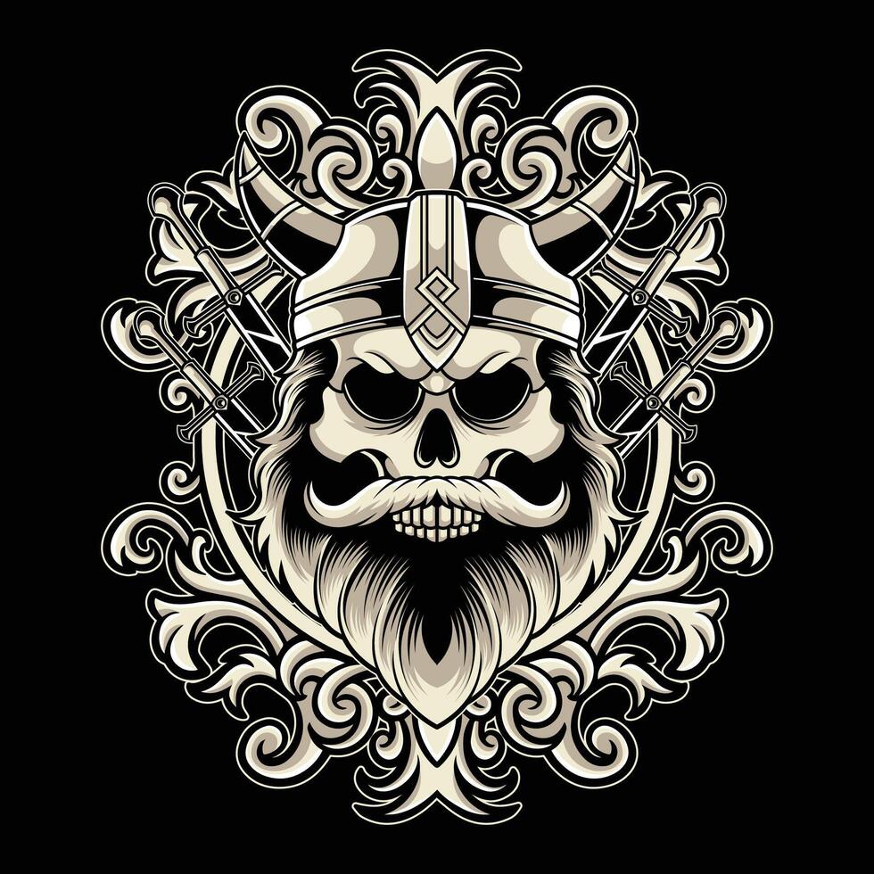 Viking Skull Head Illustration With Ornament Frame Background Detailed Illustration vector