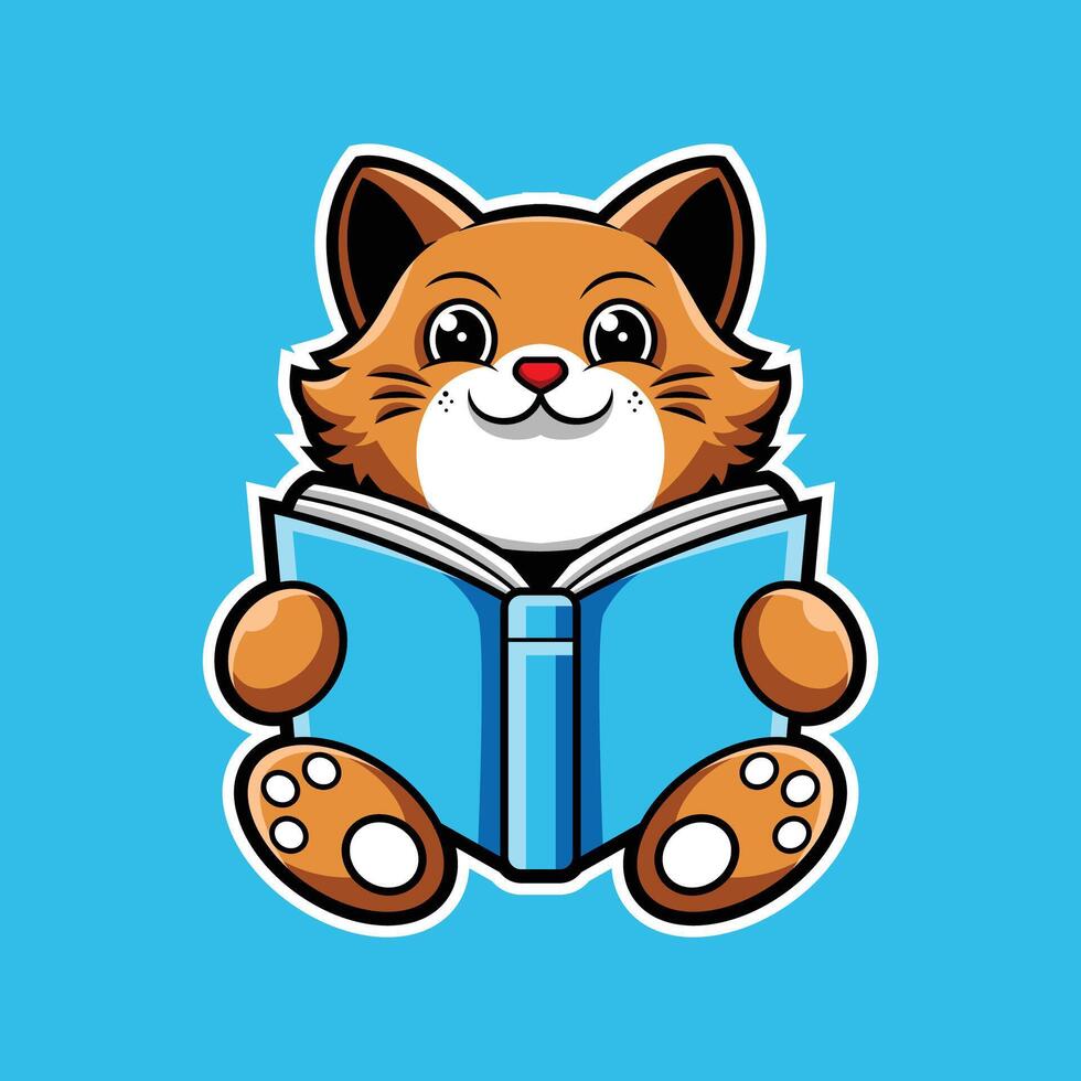 cute cartoon cat reading book mascot logo illustration vector