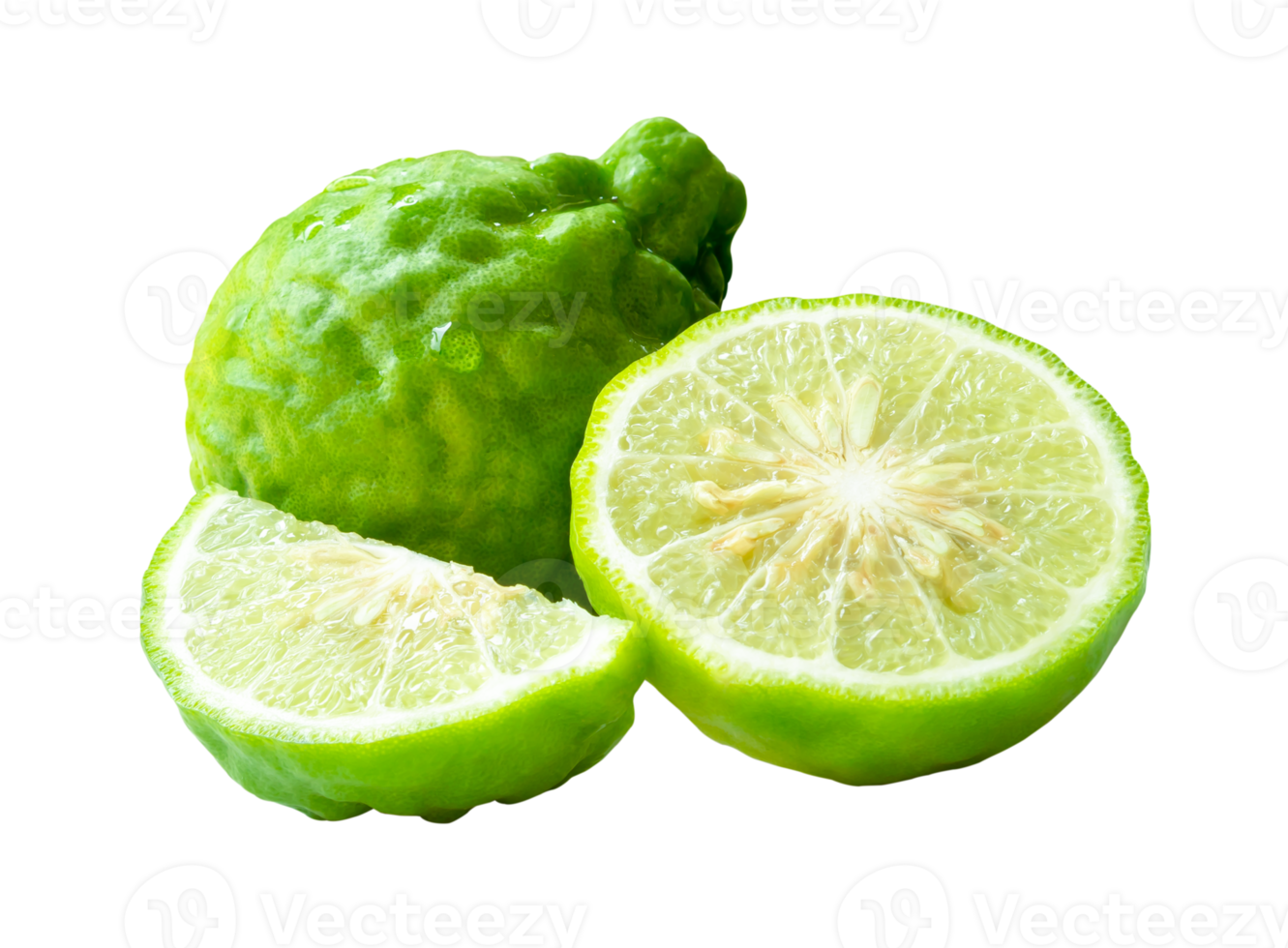 Fresh green kaffir lime fruit or bergamot with half and slice or piece isolated with clipping path in file format png