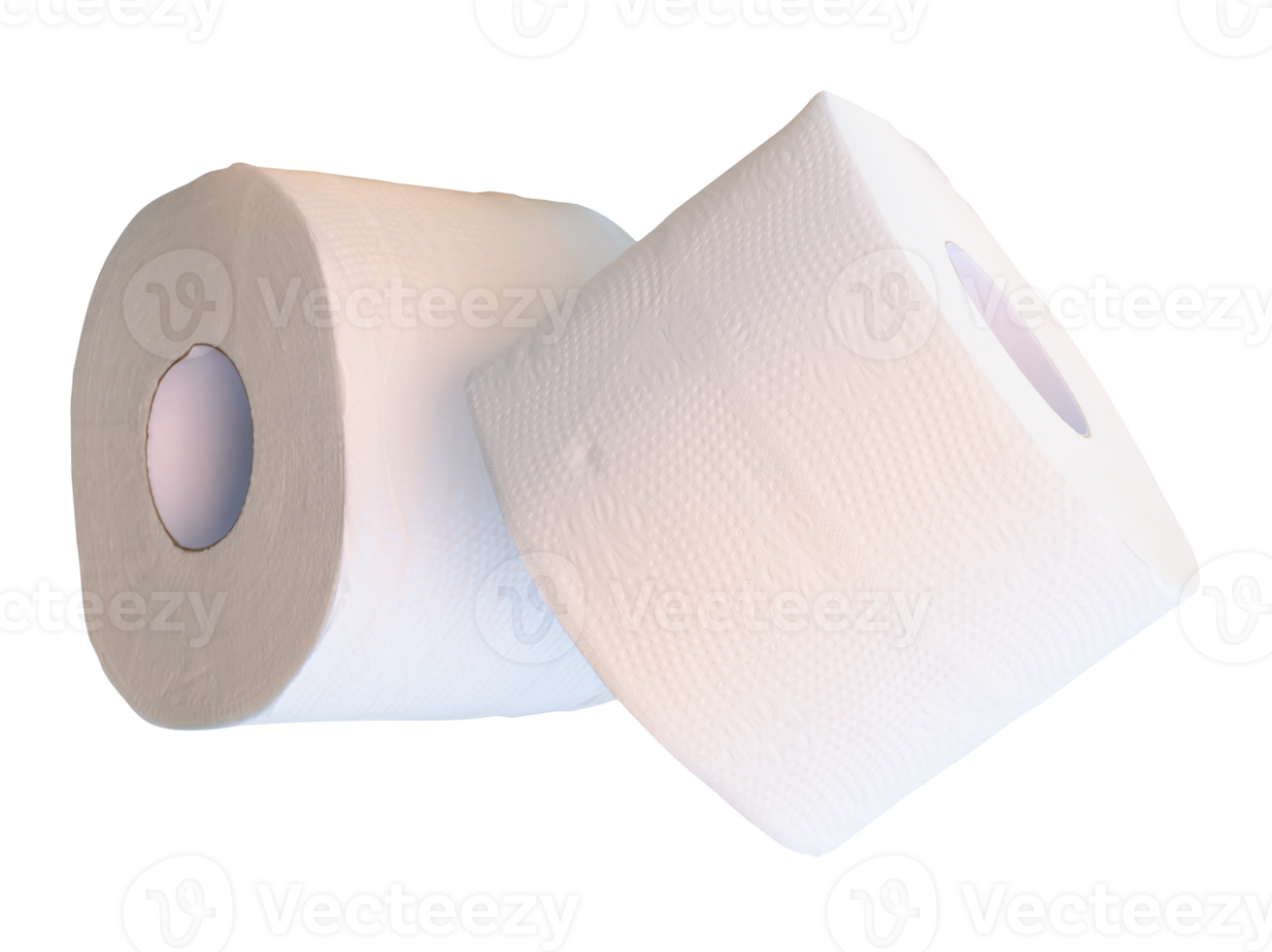 Side view of two tissue paper rolls or toilet paper in stack isolated with clipping path in file format png