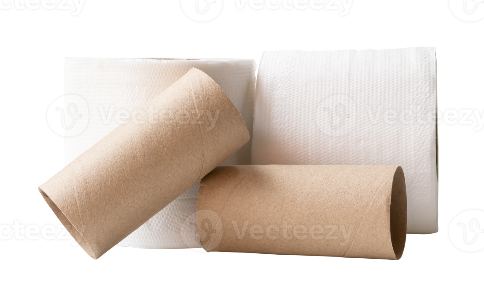 Two rolls of white tissue paper or toilet paper with cores in stack isolated with clipping path in file format png