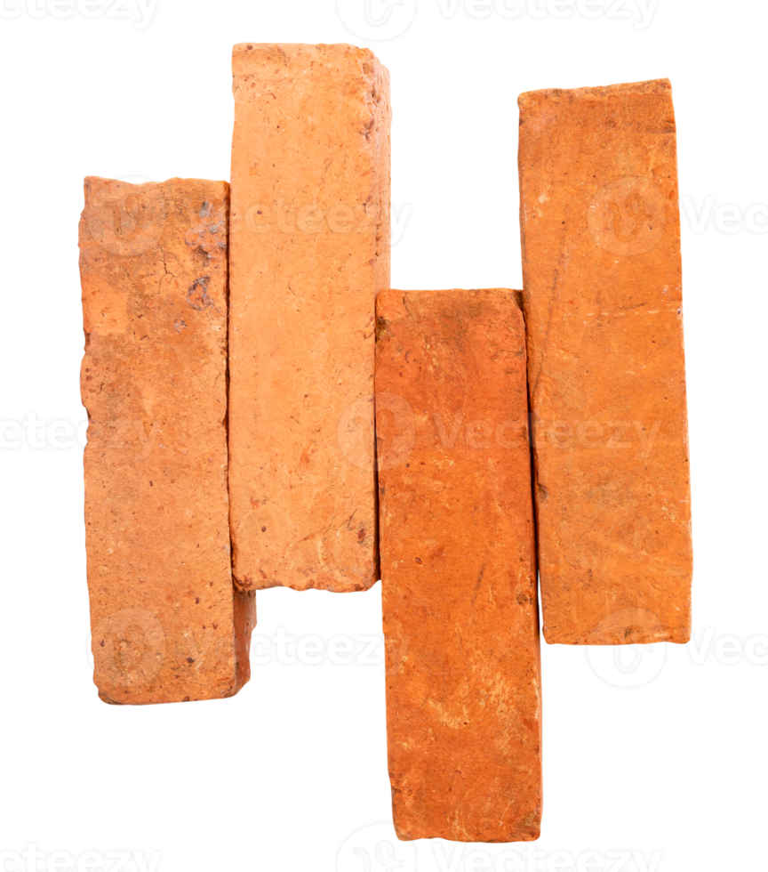 Top view of old orange or red bricks in stack isolated with clipping path in file format png