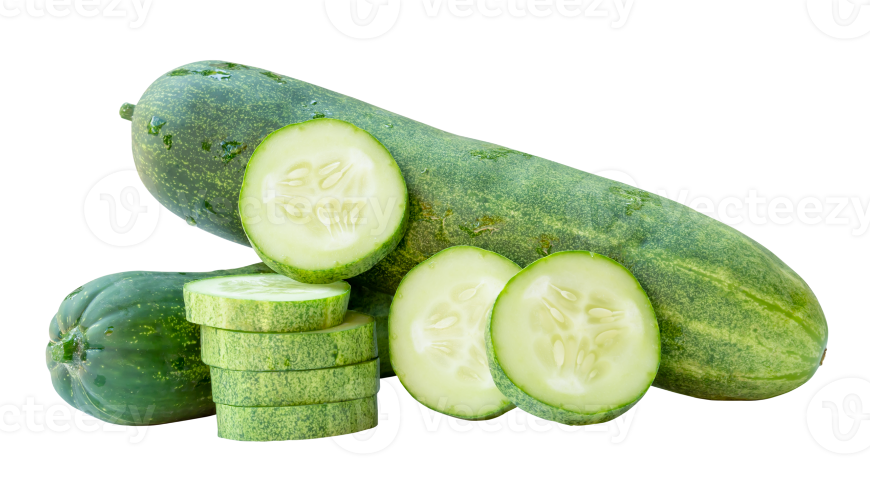 Side view of fresh green cucumbers with slices in circle shape isolated with clipping path in file format png