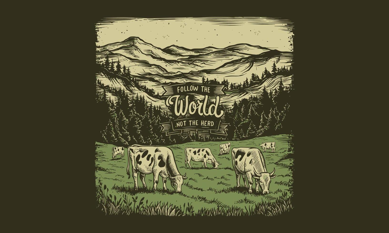 a group of cows were eating grass under the mountain artwork design vector