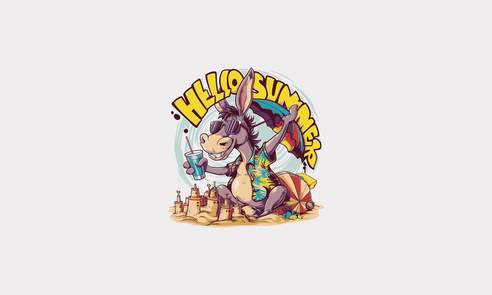 donkey relaxing wearing sun glass on beach hello summer flat design vector