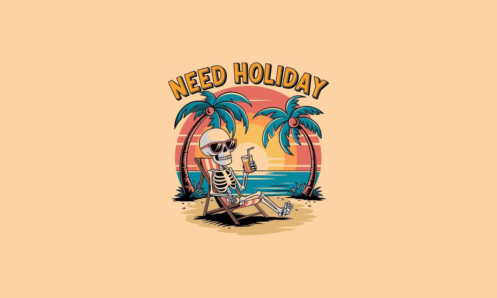 skeleton relaxing on beach palm drink cocktail flat design vector