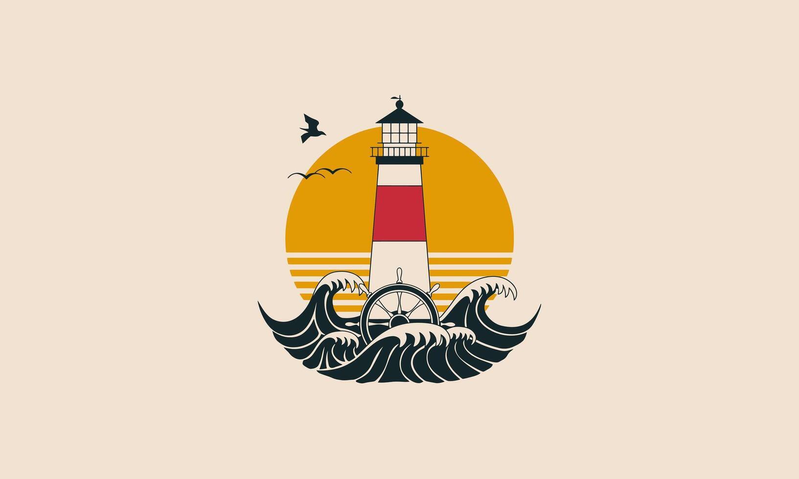 lighthouse with waves illustration flat design logo vector