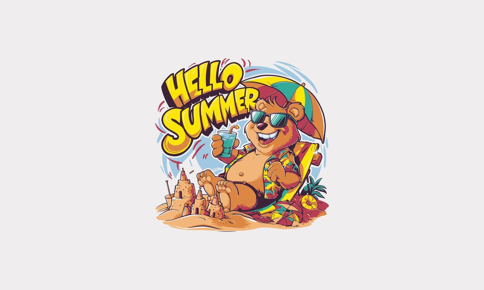 bear relaxing wearing sun glass on beach hello summer flat design vector