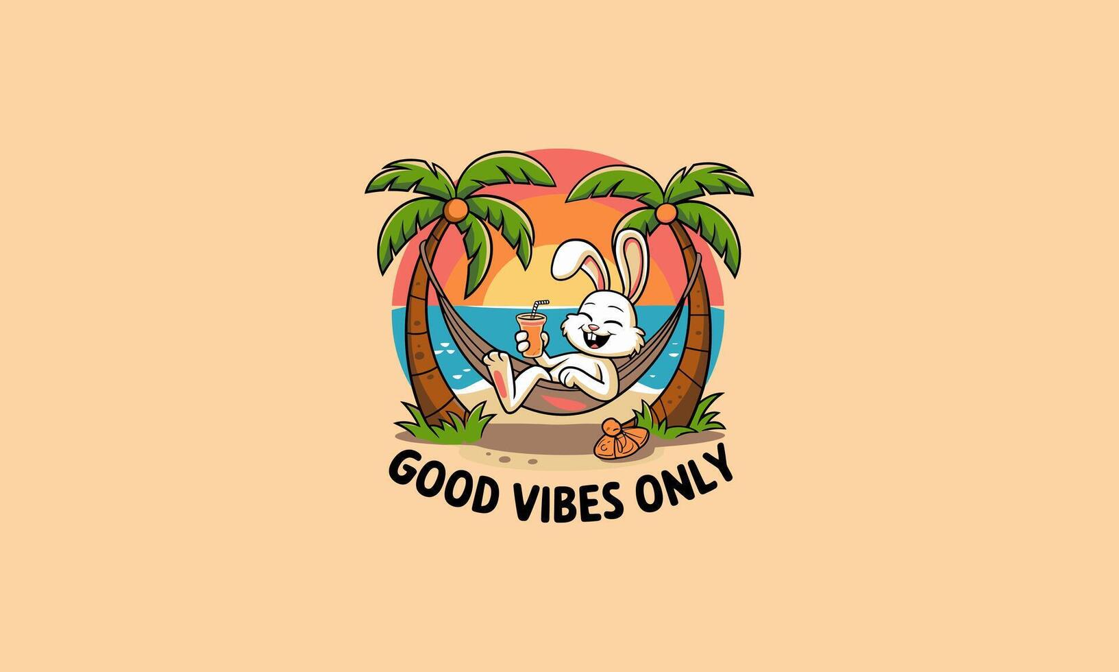 rabbit relaxing on hammock holding drink good vibes flat design vector